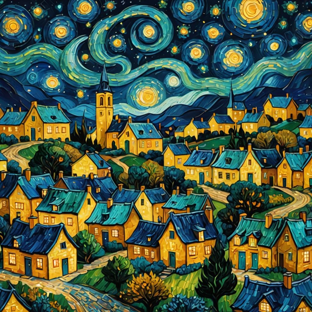 Starry Night Impressionist Village in Post-Impressionist Sty...