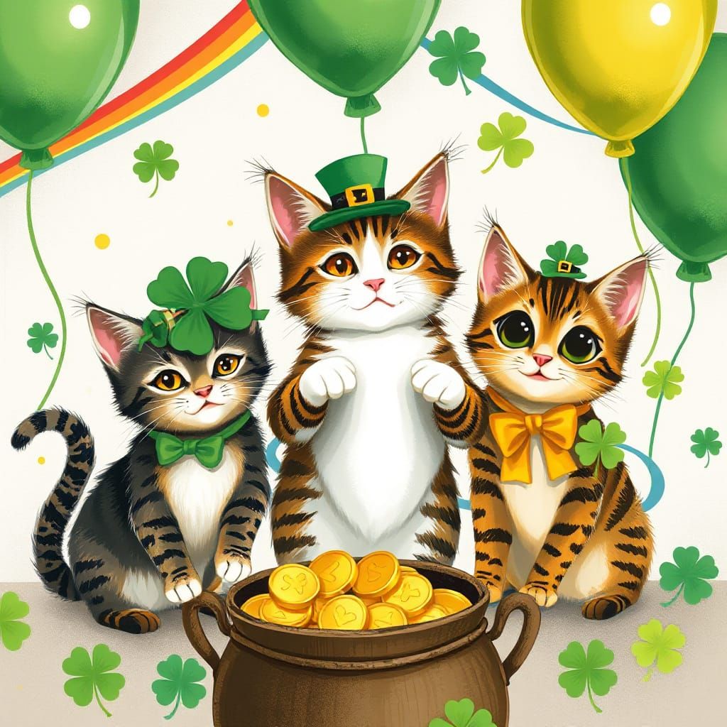 Vibrant Tabby Cats Celebrate St. Patrick's Day in Folk Art S...