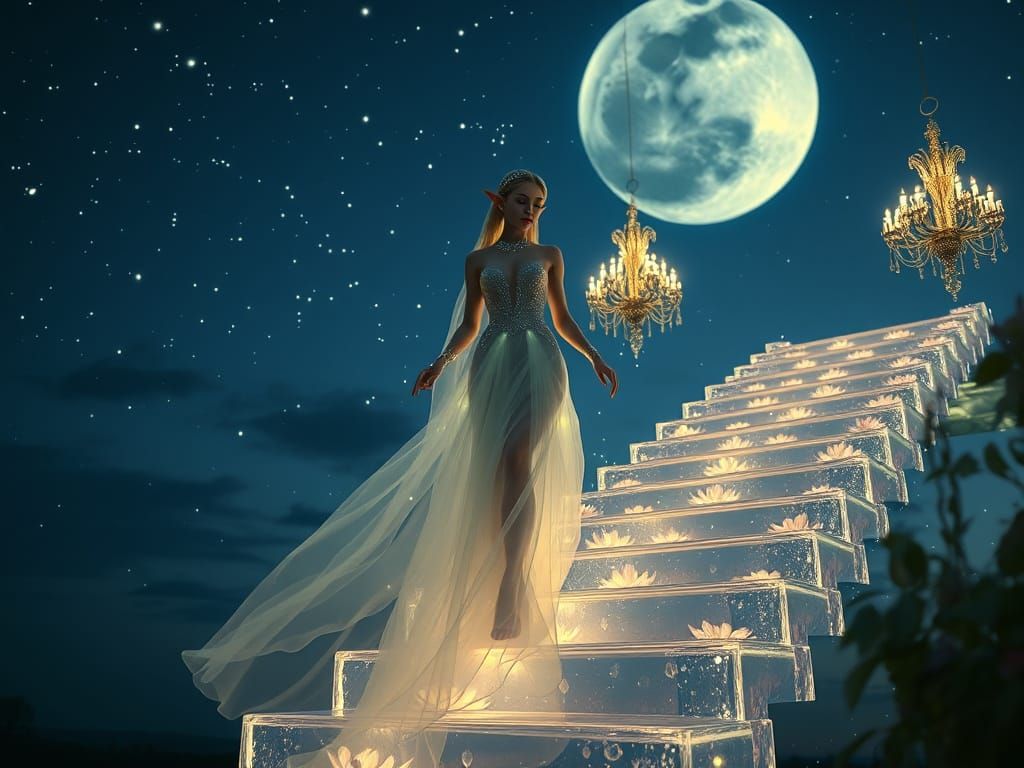 Ethereal Elven Queen Descends Crystal Staircase in Dreamy, C...