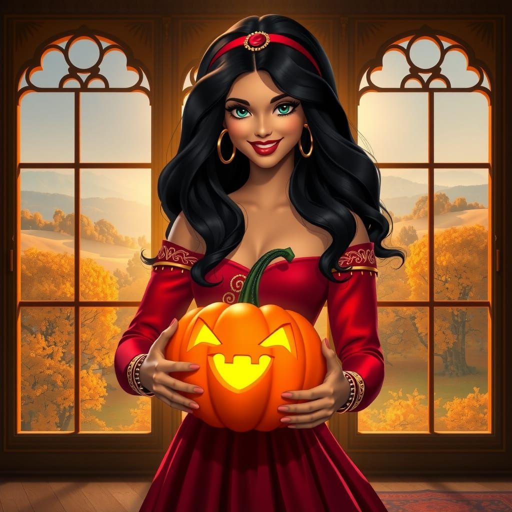 Esmeralda in Autumn Ballgown with Halloween Pumpkin