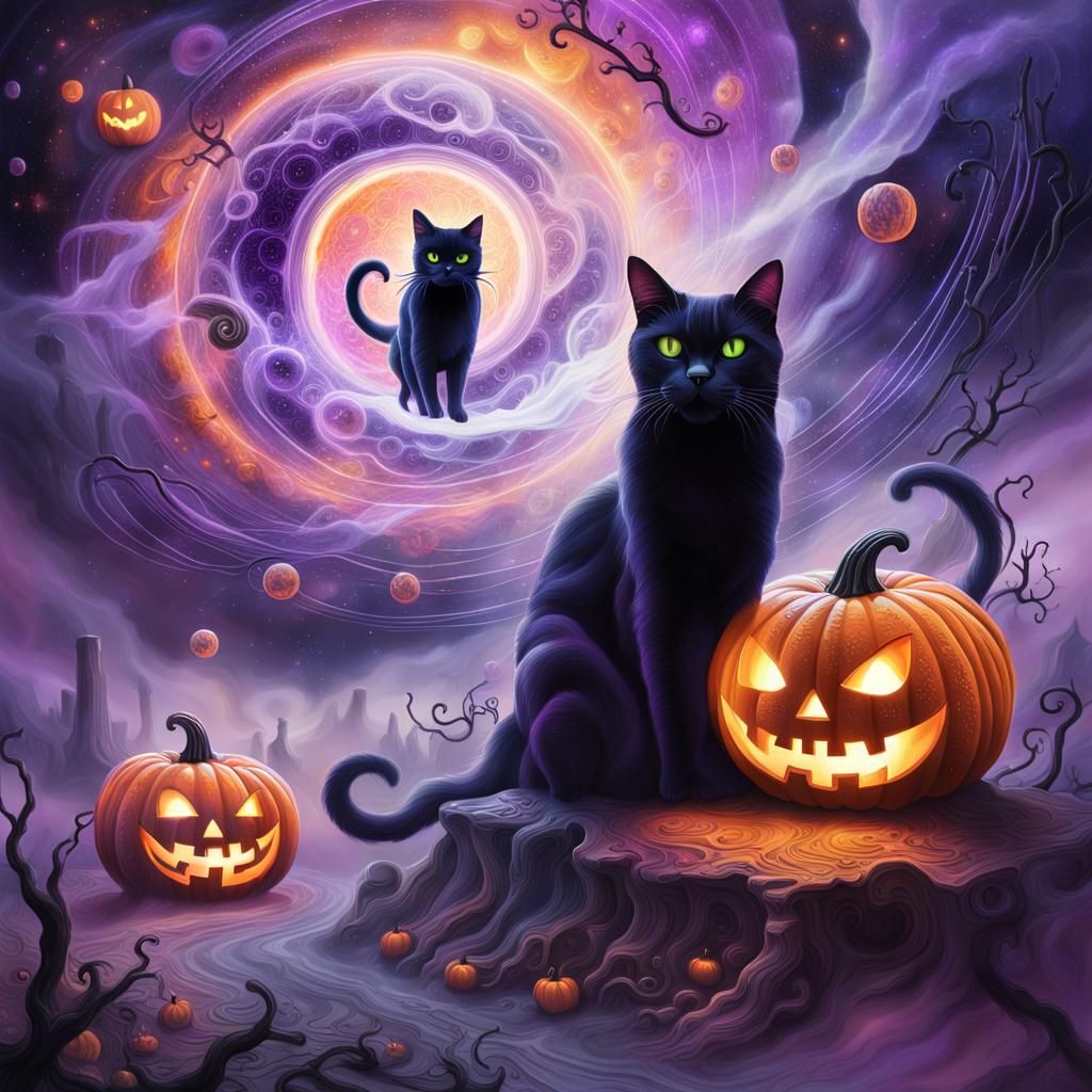 Cosmic Halloween: Ghost and Cat in Astral Setting
