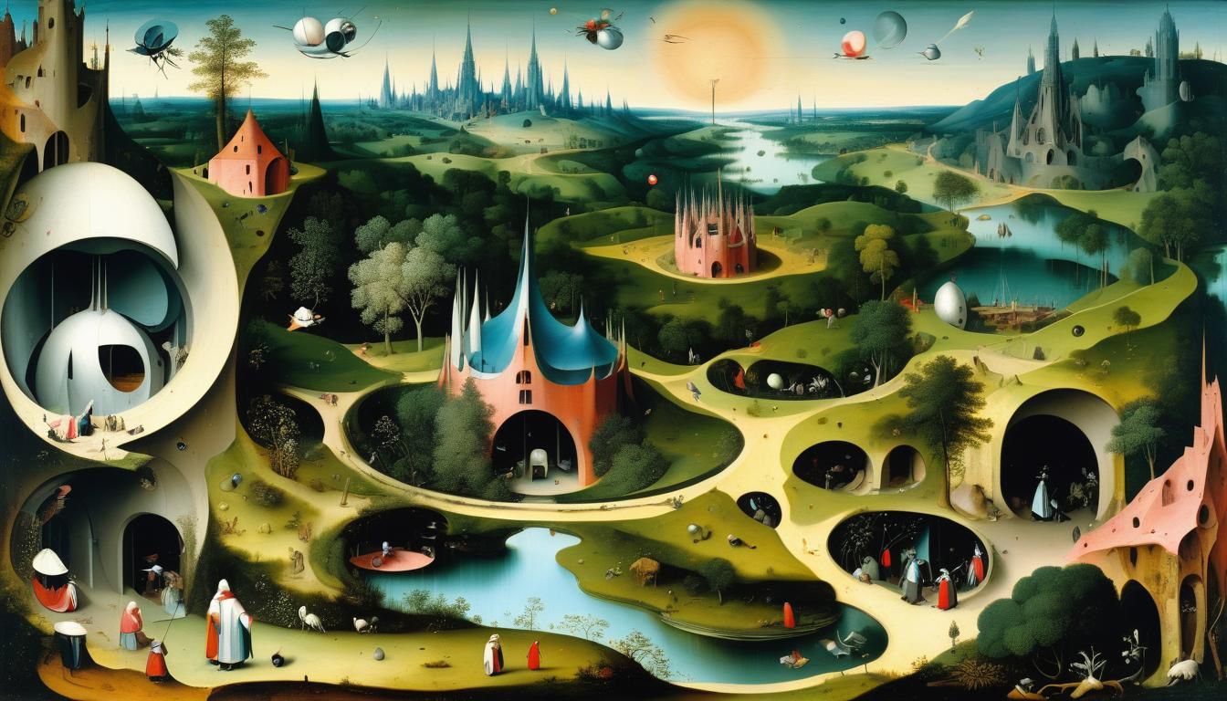 Futuristic Architecture in Lush Landscape, Surreal Style