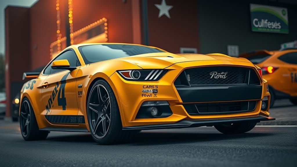 Modified Yellow Ford Mustang in Hyperrealistic Style