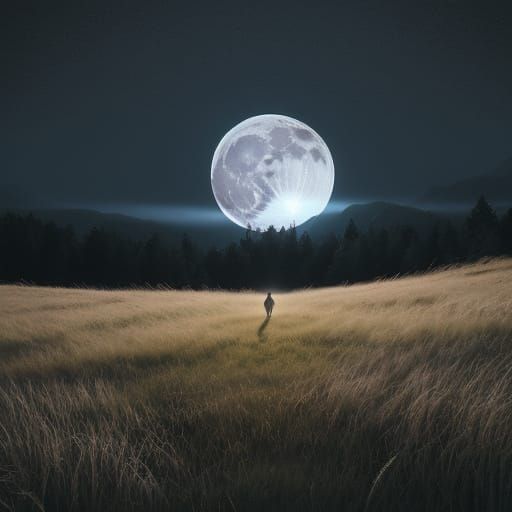 Lone Figure on Moonlit Meadow as Cinematic Film Still