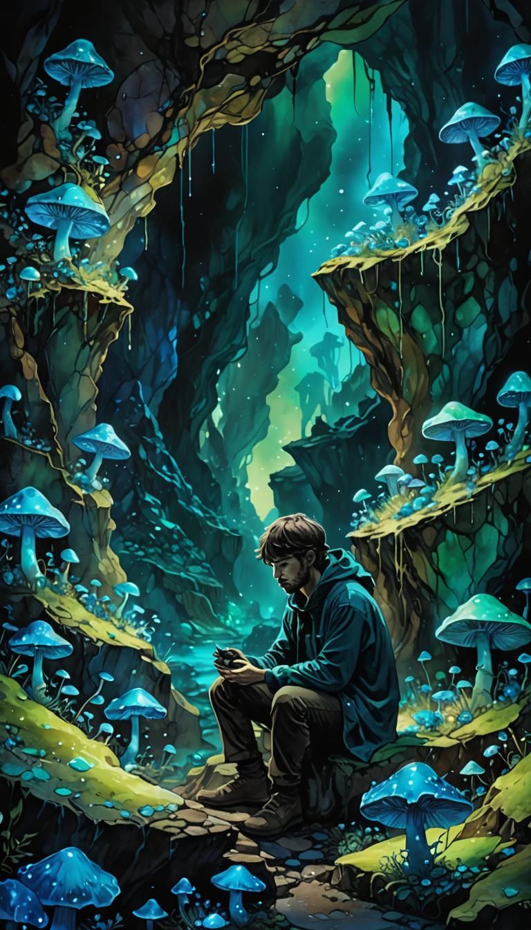 Ethereal Cave with Bioluminescent Crystals in Alcohol Ink St...