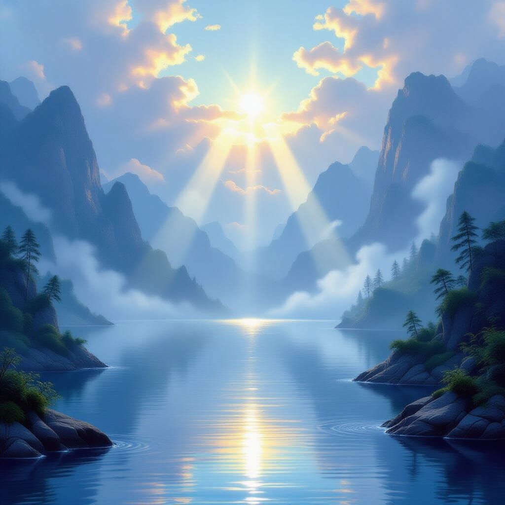 Ethereal Misty Sea Landscape with God Rays