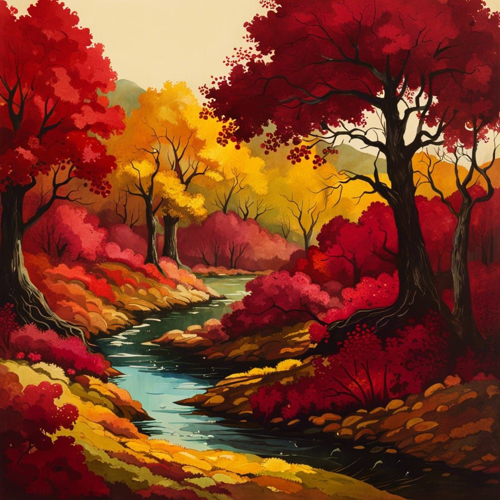 Colorful Ink Painting with Earthy and Wine-Red Tones