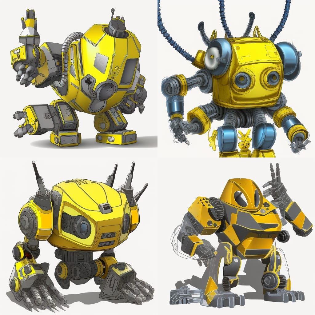 Yellow Robot Character Sheet in Line Art Style