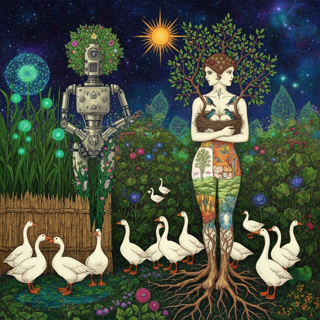 Folkloric Robot and Geese in Surreal Eco-Art Garden