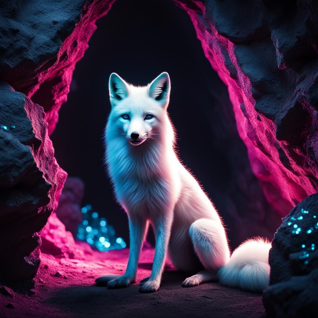Glowing Crystals Light White Fox in Cave