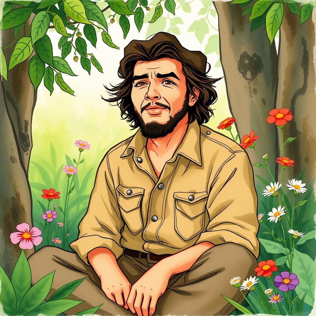 Che Guevara in Whimsical Studio Ghibli Setting