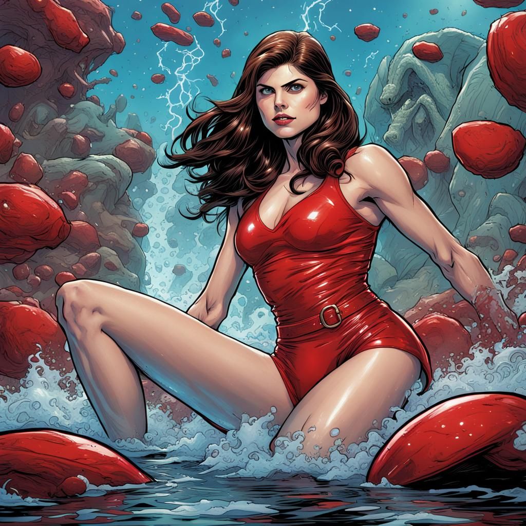Comic Book Art of Woman in Red Latex Bikini