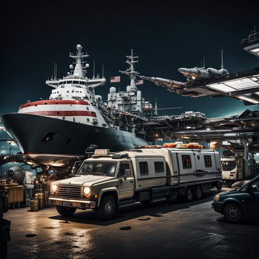 Futuristic Space Station with Warship and Cargo Ships