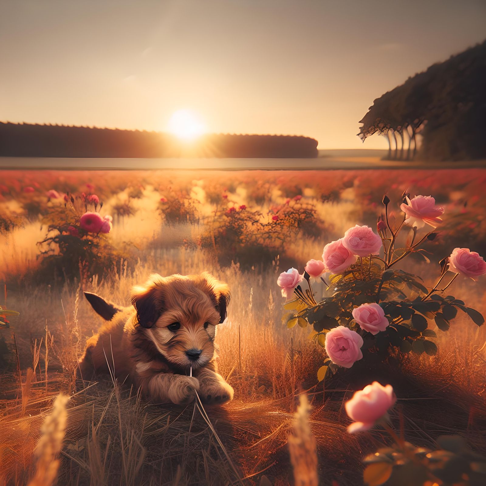 Puppy Frolicking in a Rose Field at Sunset
