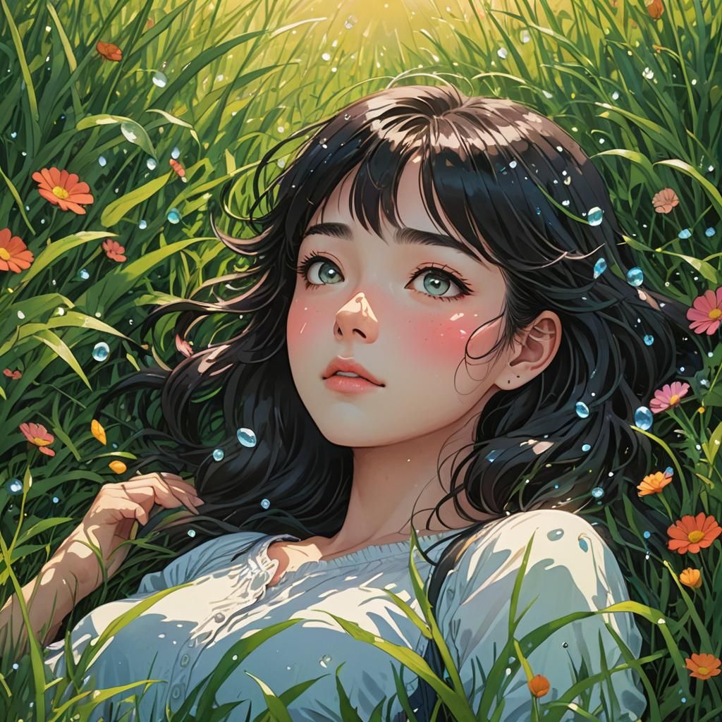 Girl in Grassy Field: Anime Watercolor Illustration