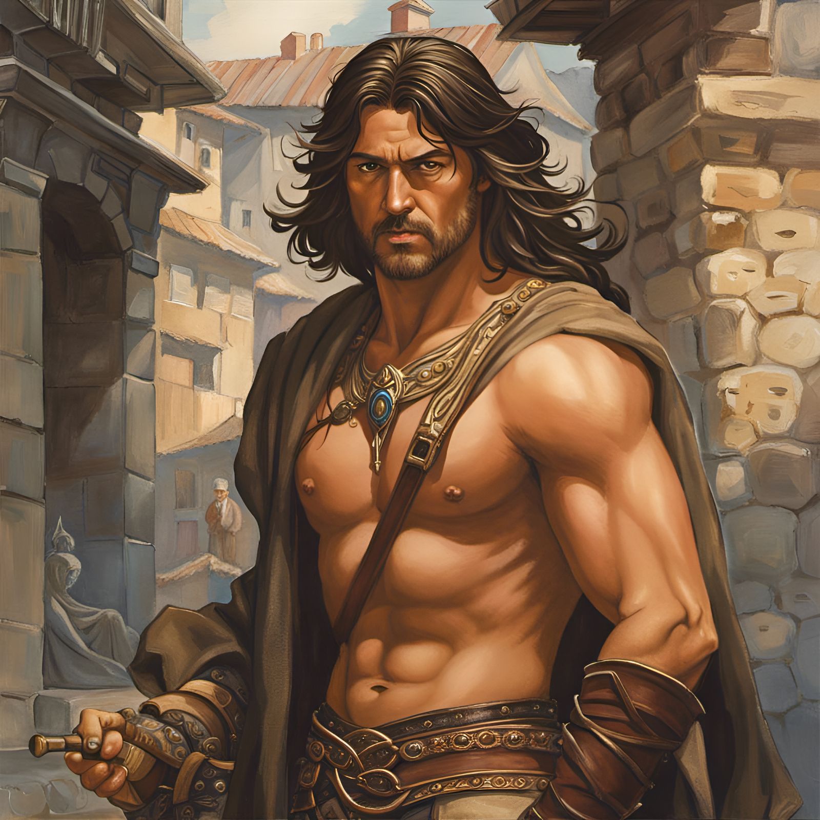 Watercolor Painting of Muscular Man in Medieval Setting