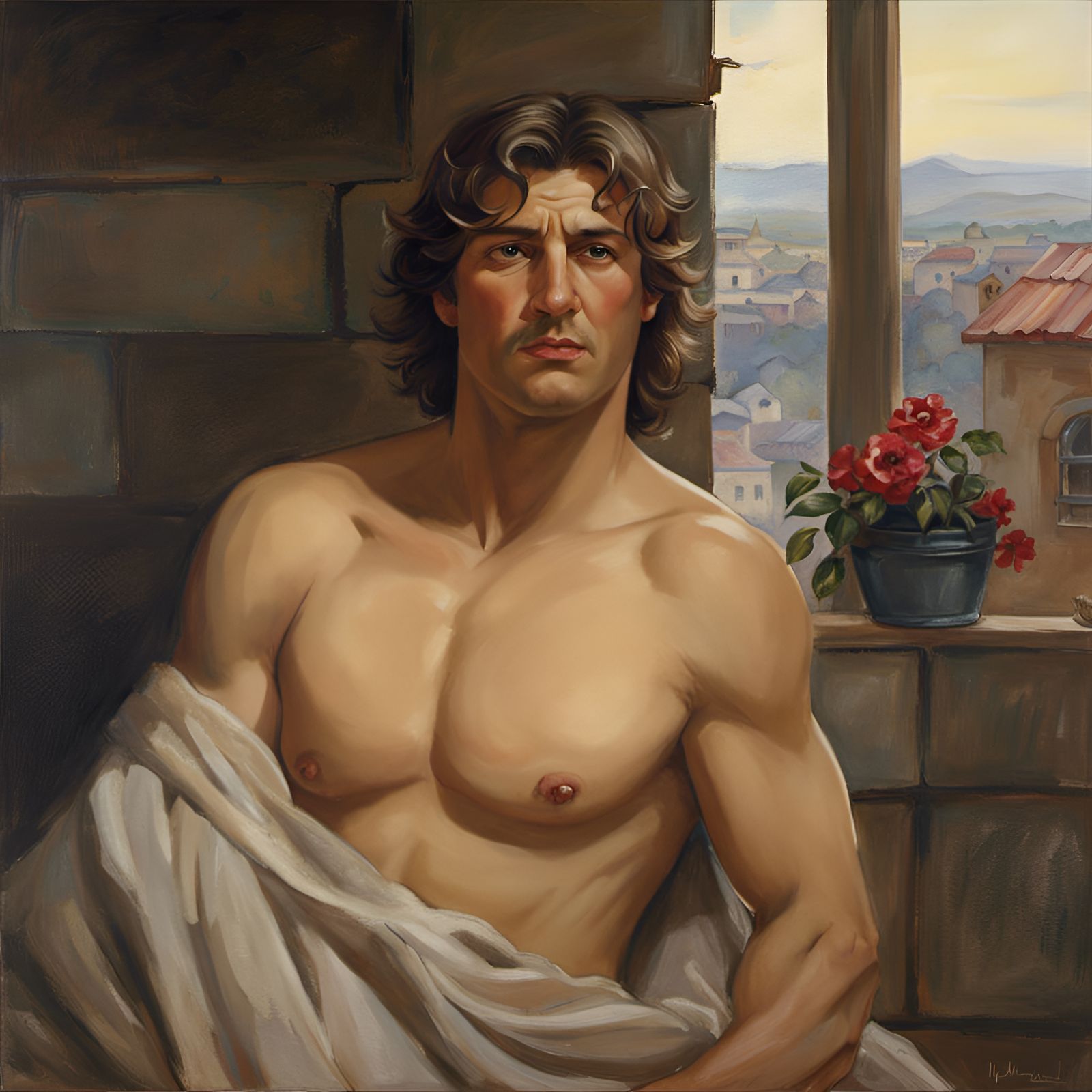 Handsome Man in Medieval Setting, Watercolor Style