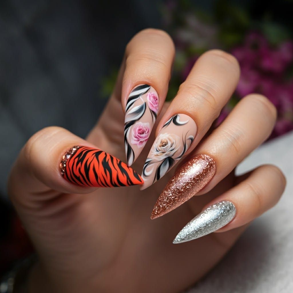 Glamorous Mixed-Media Nail Art: Tiger Print and Floral Desig...