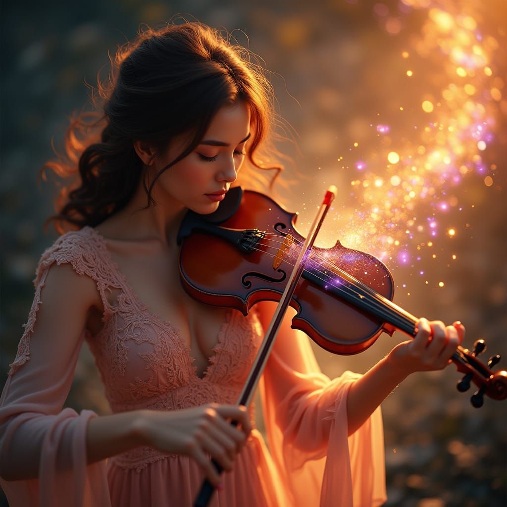 Woman Musician Plays Instrument Amidst Swirling Light Patter...