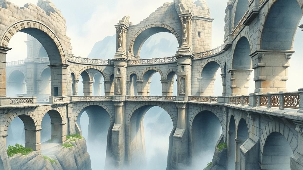 Ancient Stone Bridge in Wet-Wash Watercolour Style