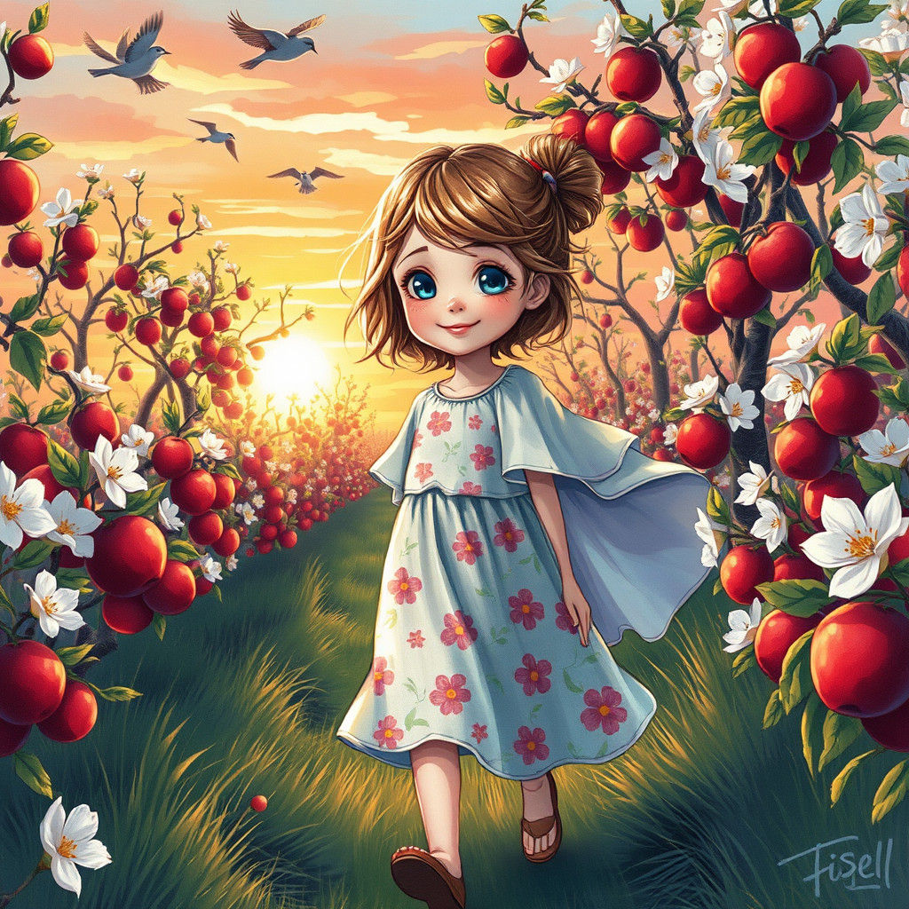 Girl in Orchard at Sunset, Graffiti Art Style
