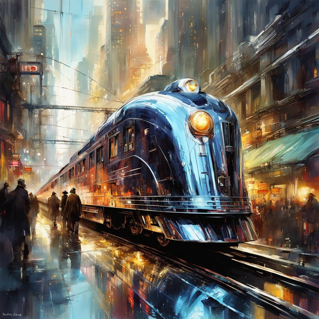 concept art showing a majestic art deco retro futuristic entirely chrome train