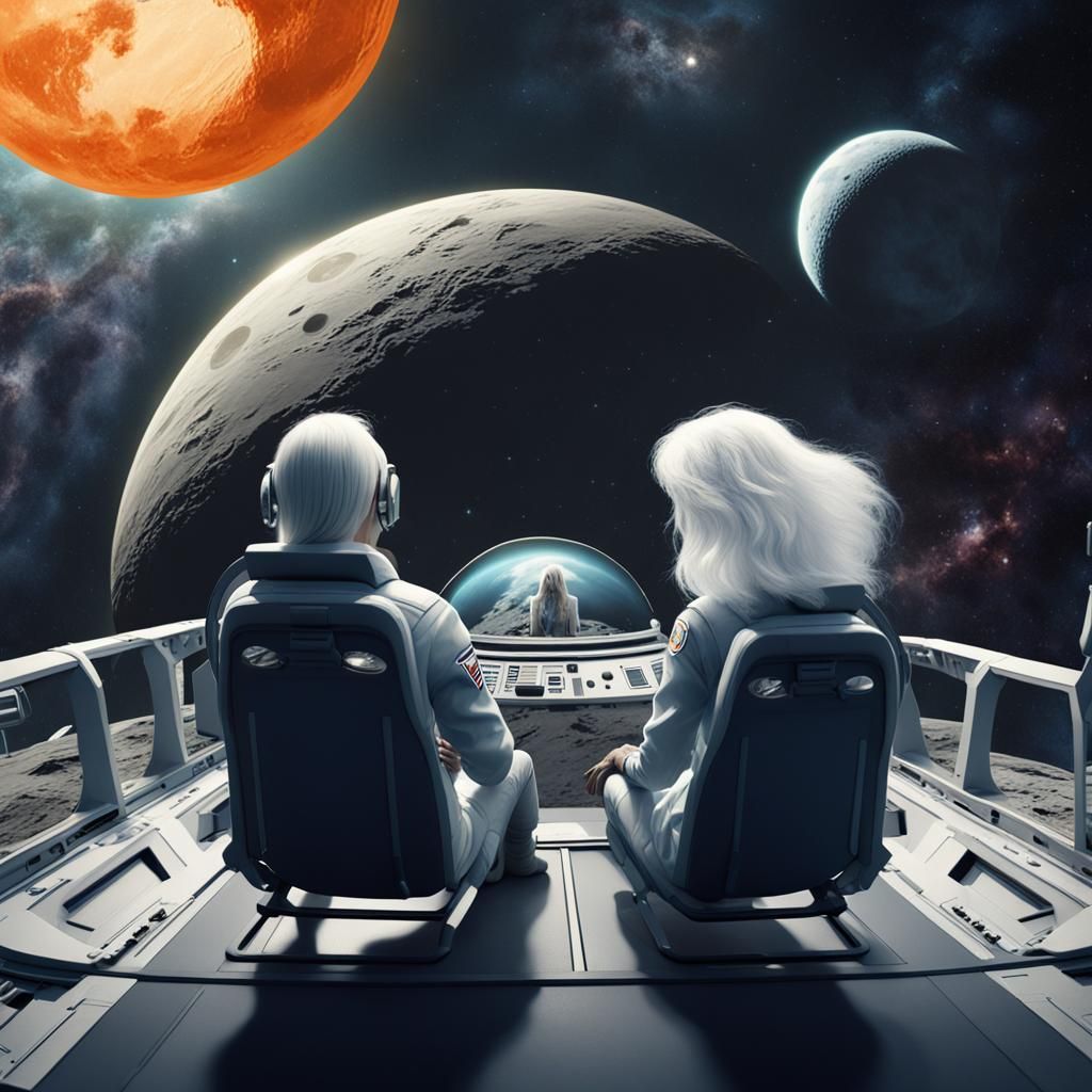 Woman in Spaceship Waves to Moon in Fantasy Art