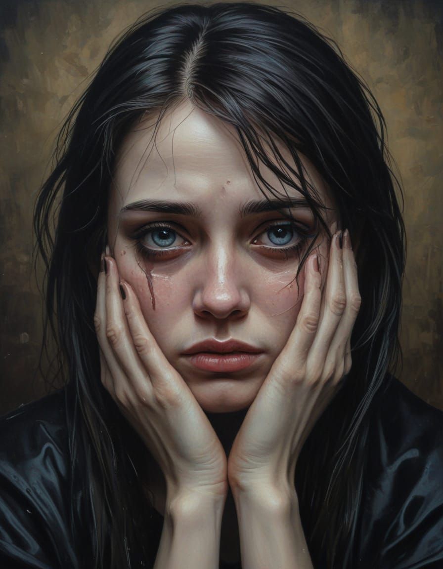 Gothic Mournful Oil Painting of a Sorrowful Young Woman