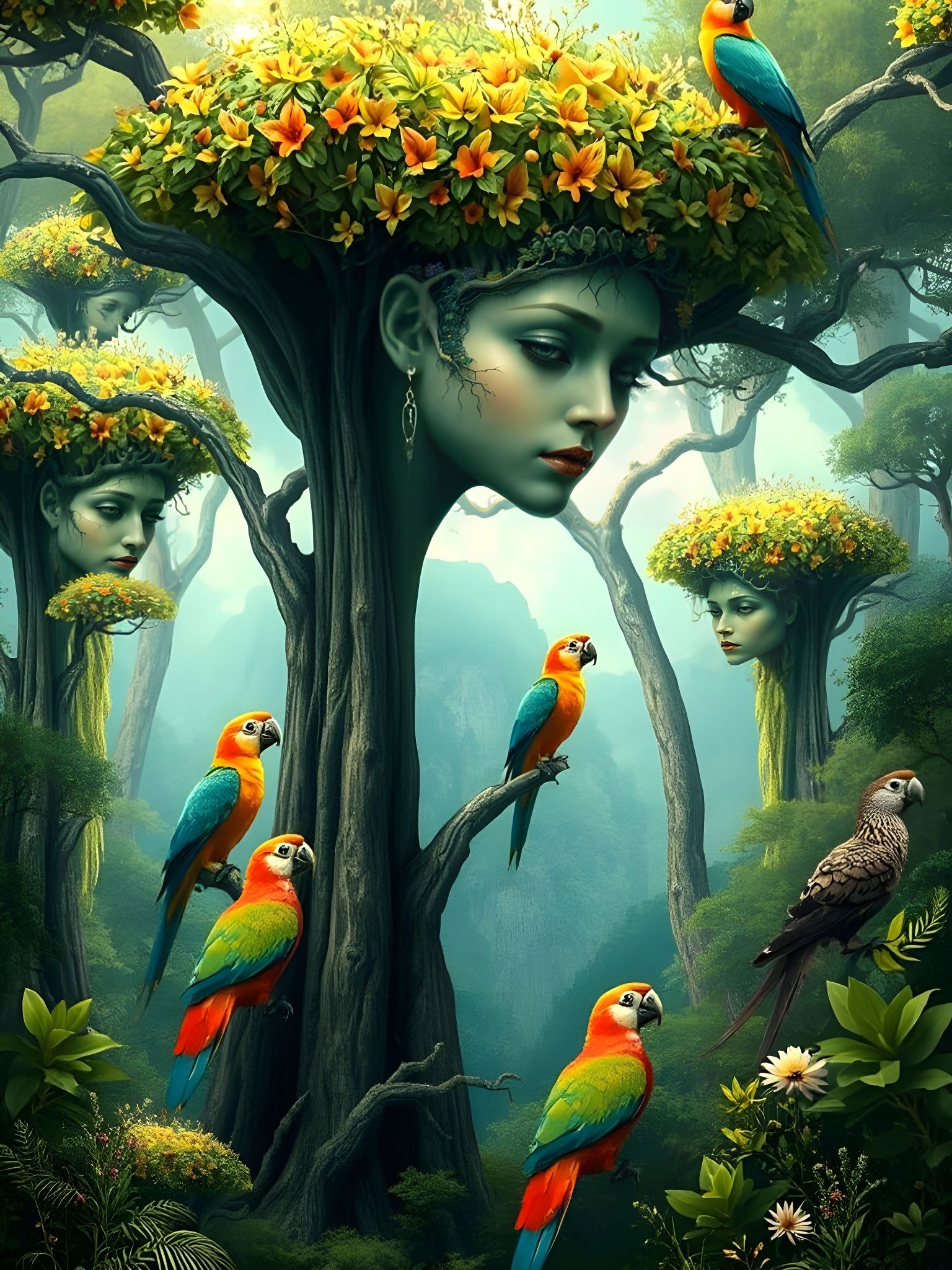 Whimsical Forest of Serene Human Heads in Vibrant Colors