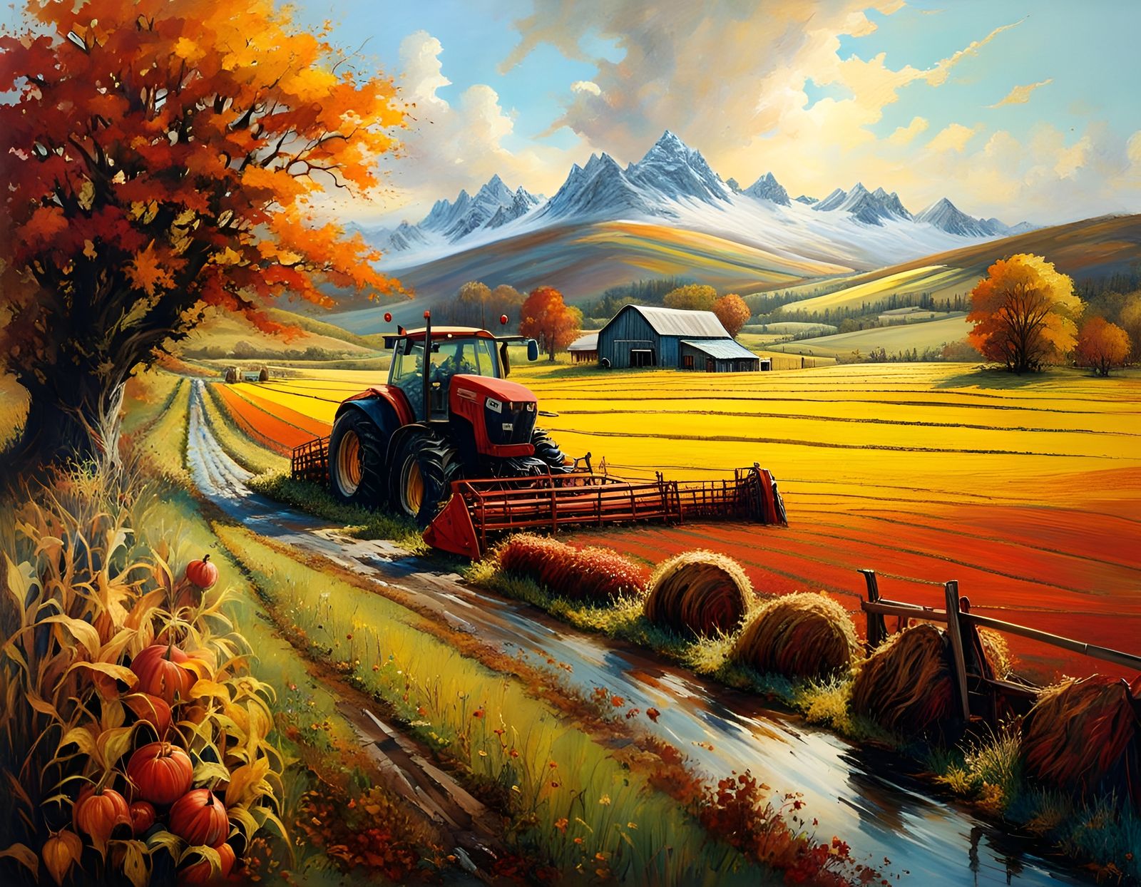 Hyperrealistic Autumn Farming Landscape in Oil on Canvas