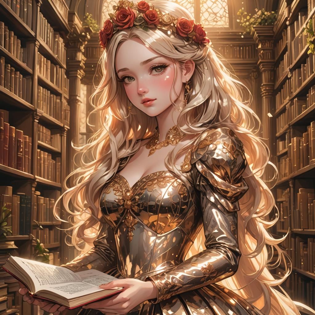 Gilded Princess Reads in a Sunlit Library