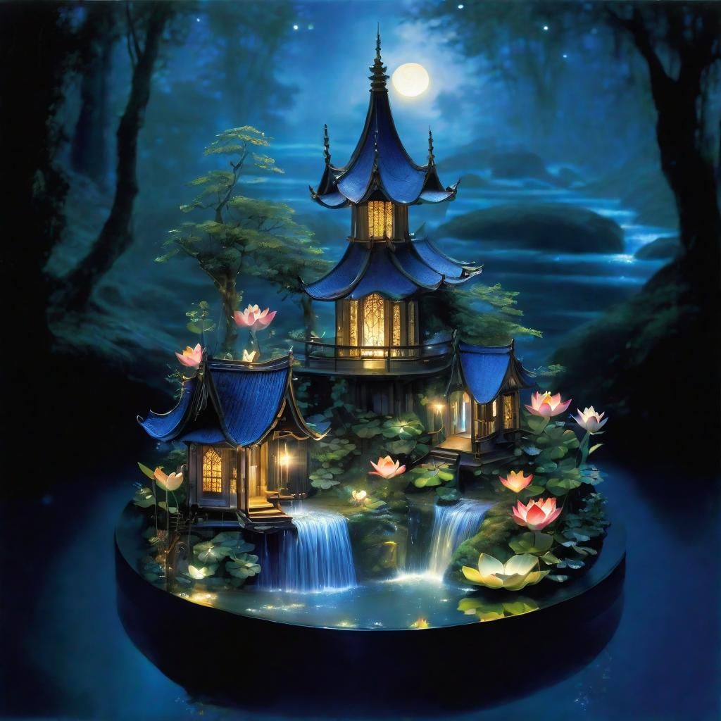 Magical Fairy Village on River in Watercolor Style
