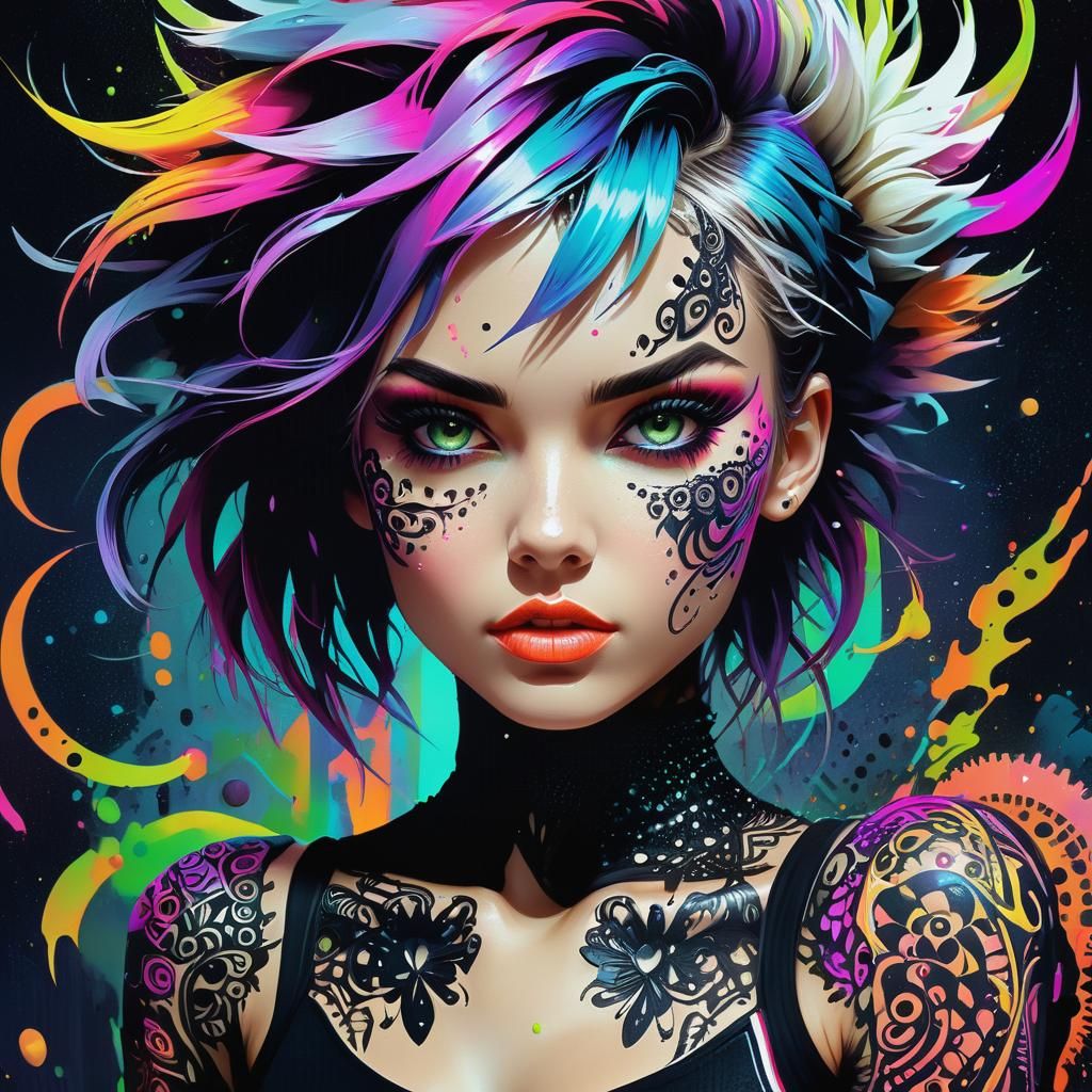 Neon Punk Woman in Zentangle Street Art Style