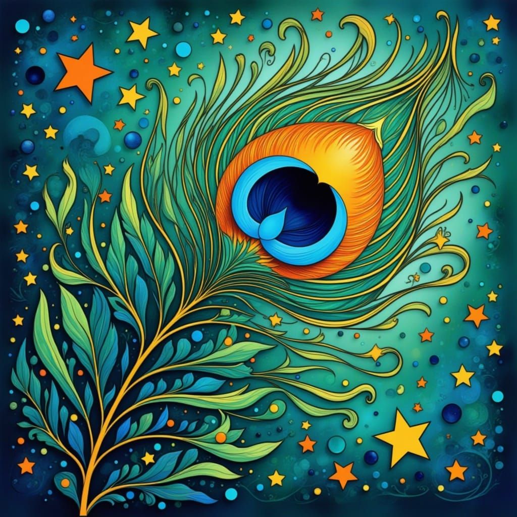 Painterly Peacock Feather with Folk Art Nouveau Elements