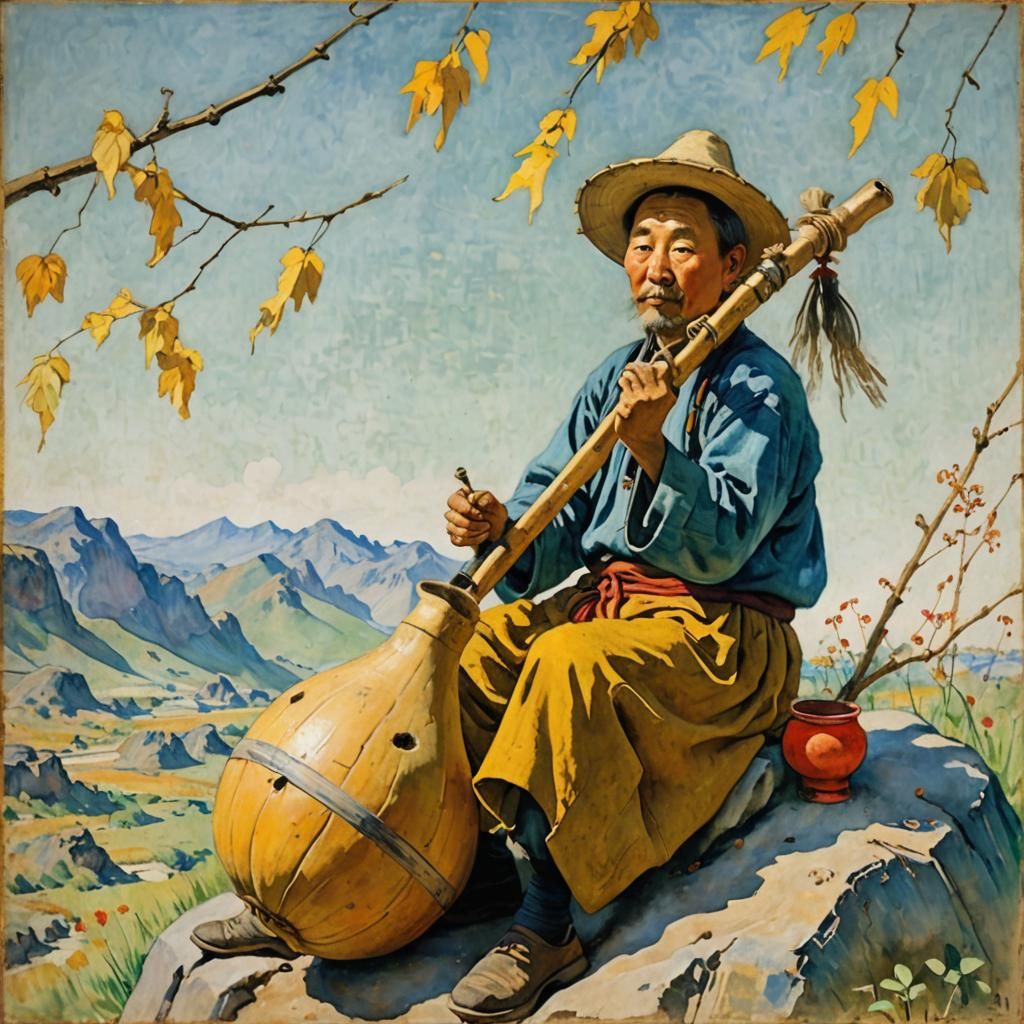 Chinese Farmer Playing Hulusi in Impressionistic Style