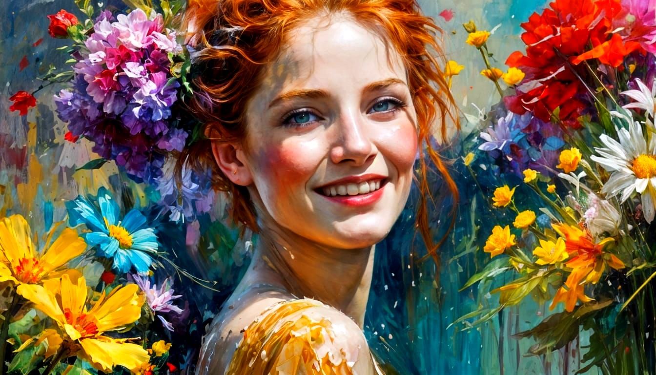 Redhead in Floral Fantasy: Detailed Portrait