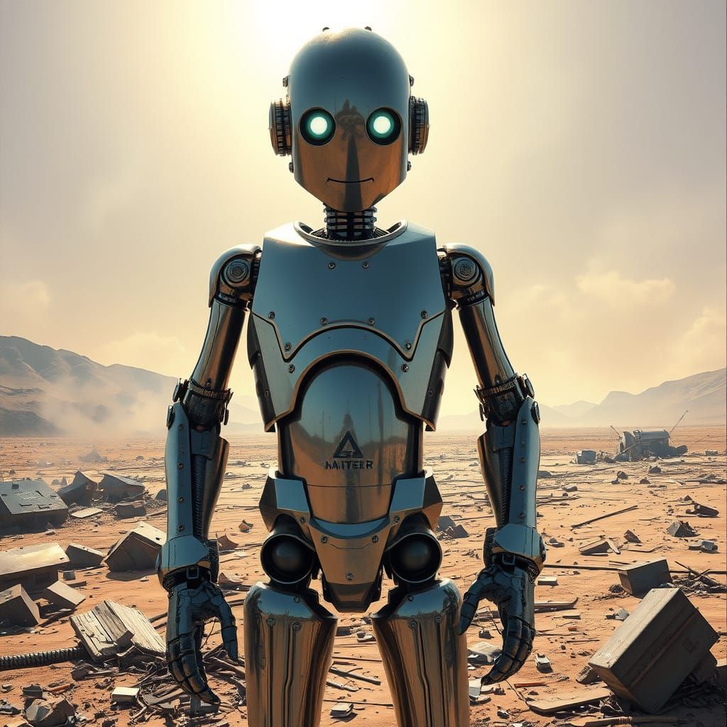 Gritty Robot Sentinel in a Desolate Post-Apocalyptic World