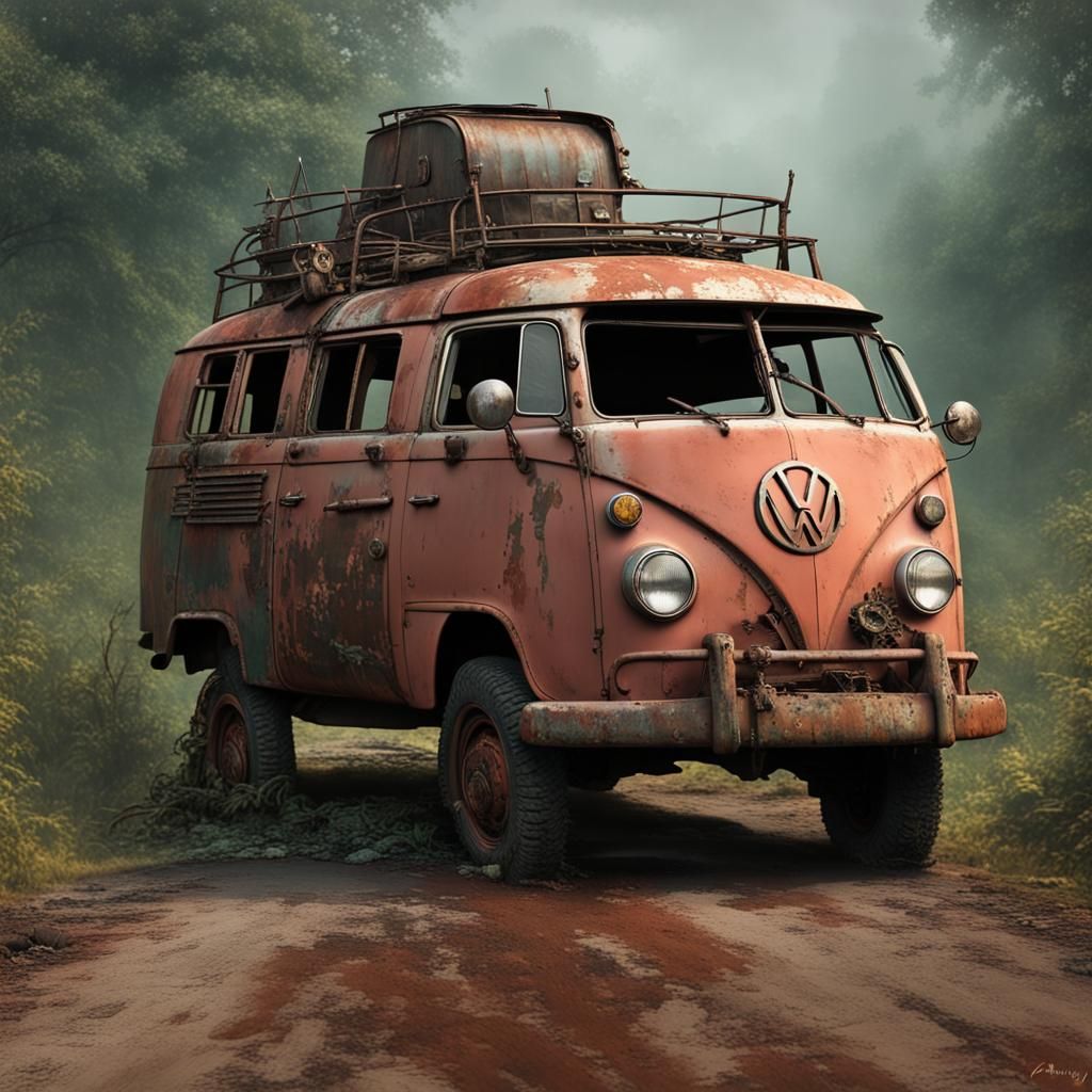 Armored VW Transporter in Post-Apocalyptic Landscape