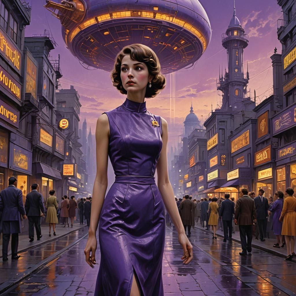 Woman in Purple Entering Futuristic City