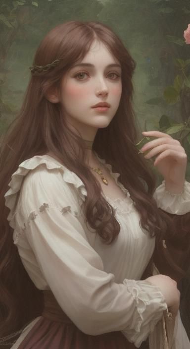 Maid Marian ruby accents on frame petite french model plump face medium length brown hair brown eyes 6'3" symmetrical -1...