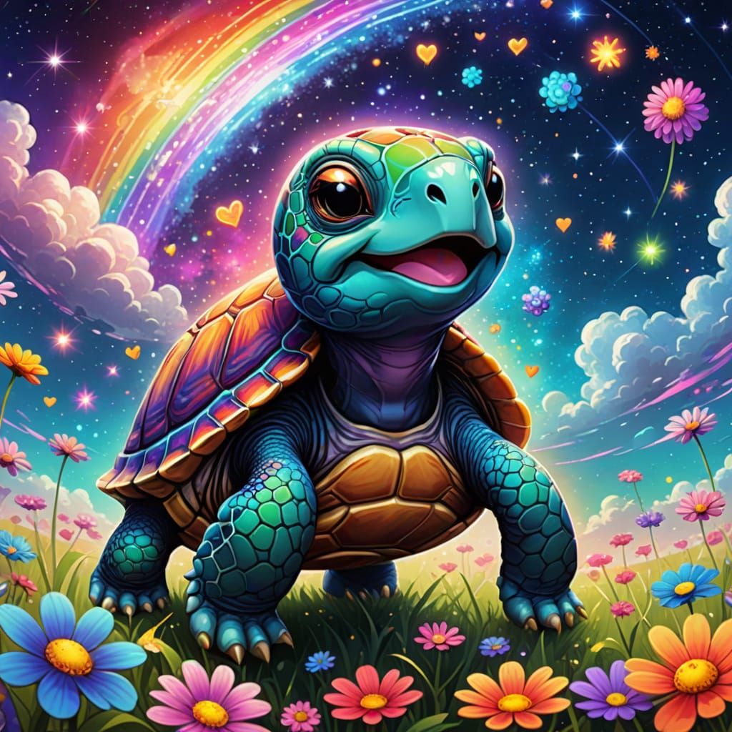 Chibi Turtle in Flower Field, Studio Trigger Style