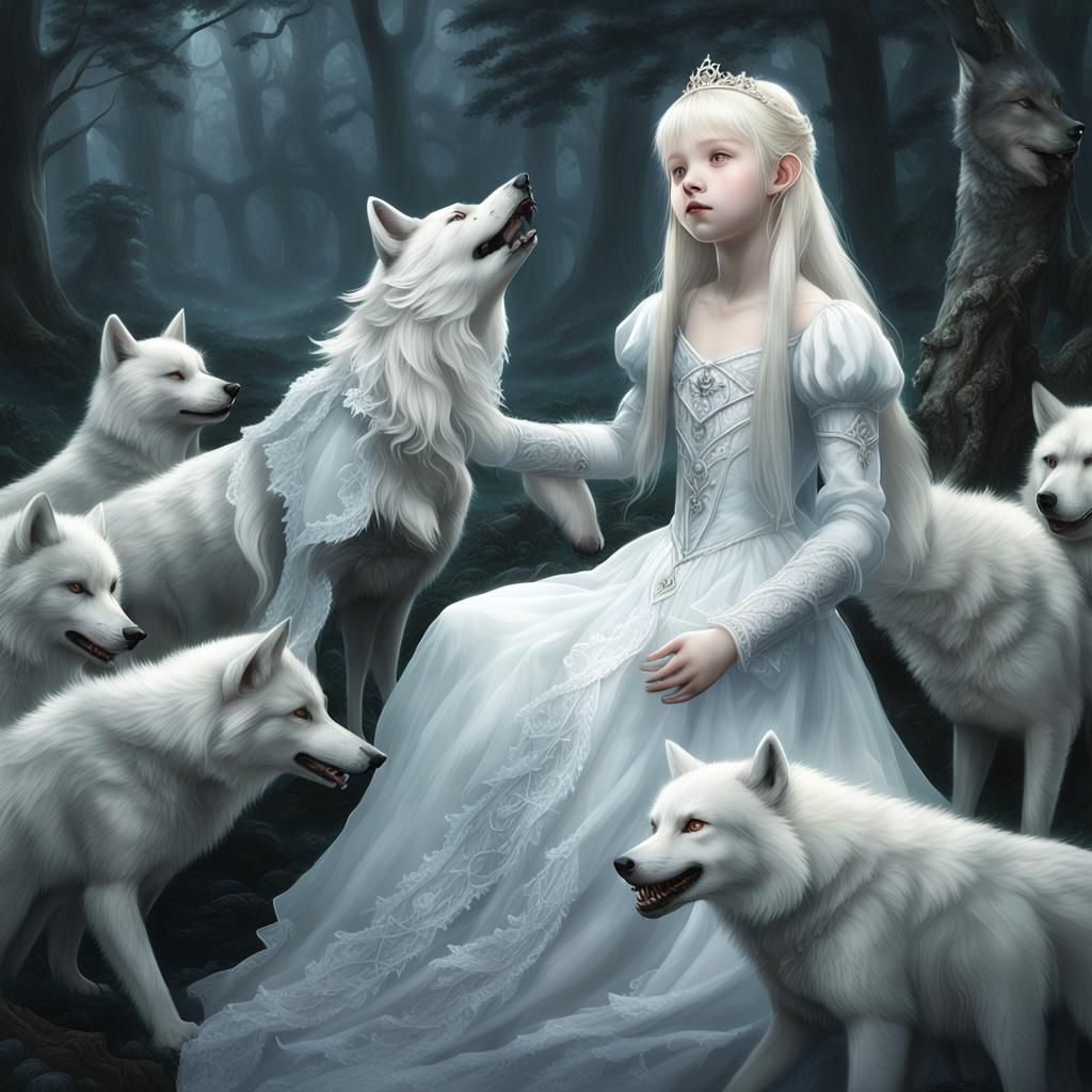 Albino Princess Playing with Wolves in Forest