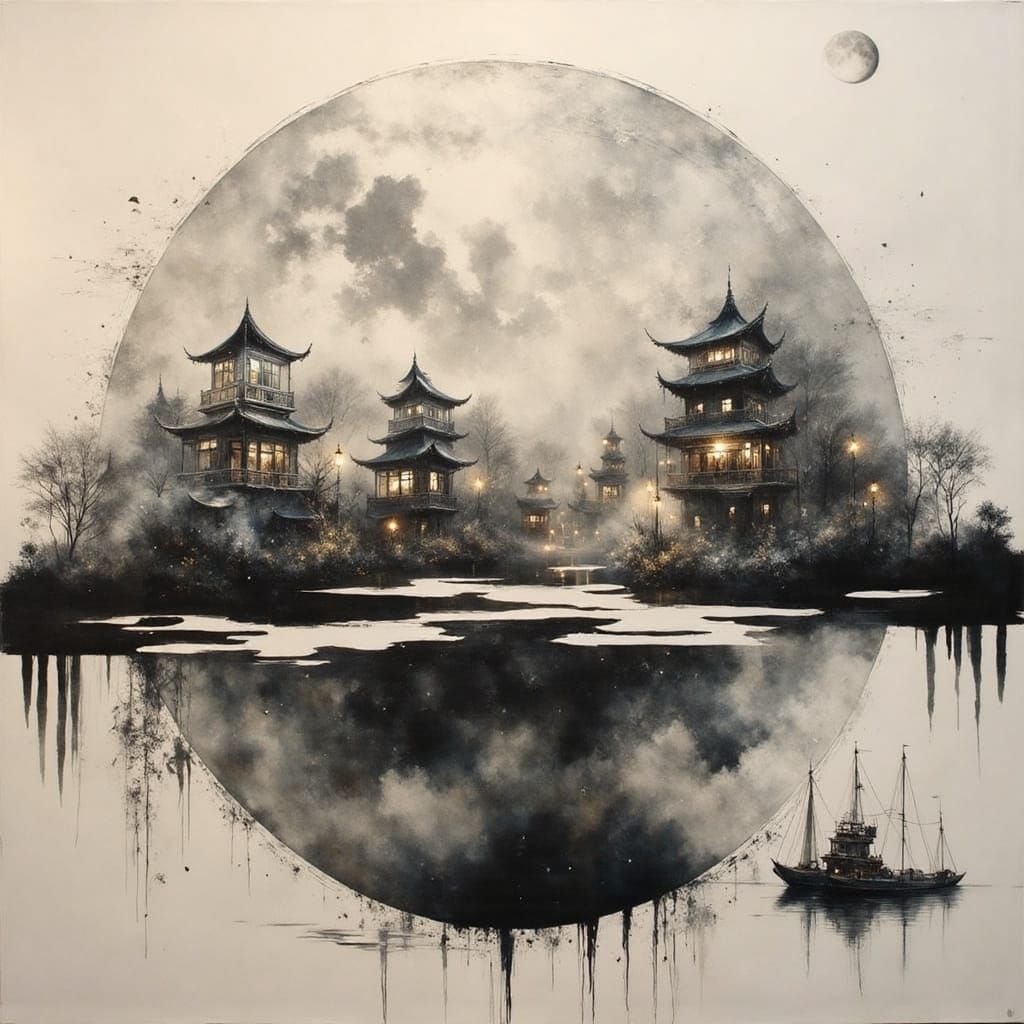 Yin Yang Fog: Earth and Moon in Sumi-e Style