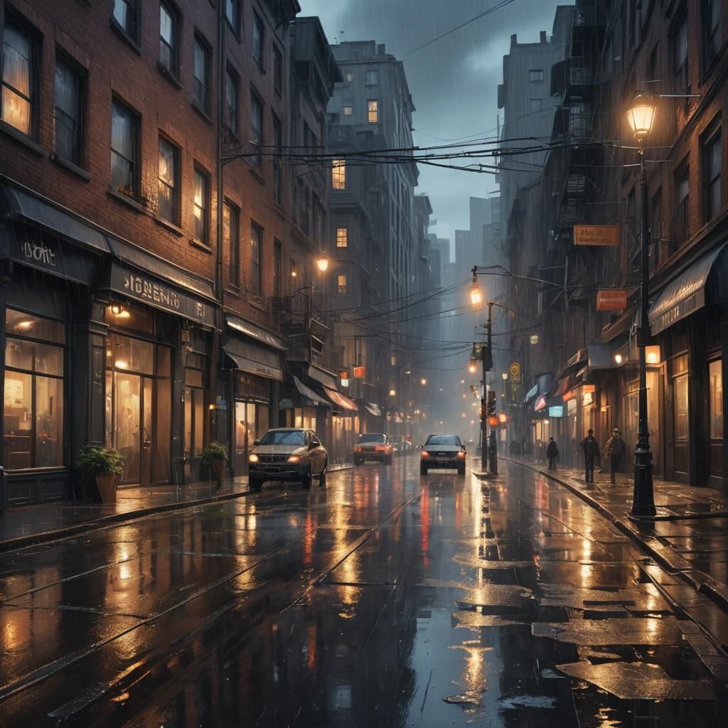 Rainy Cityscape Reflections in Unreal Engine Style
