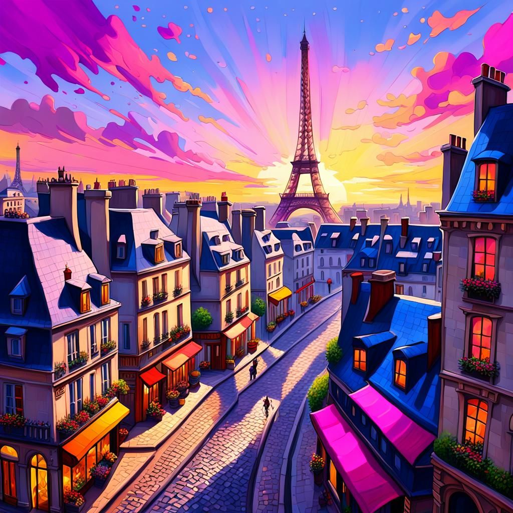 Paris Sunset: Fantastical Oil Painting Cityscape