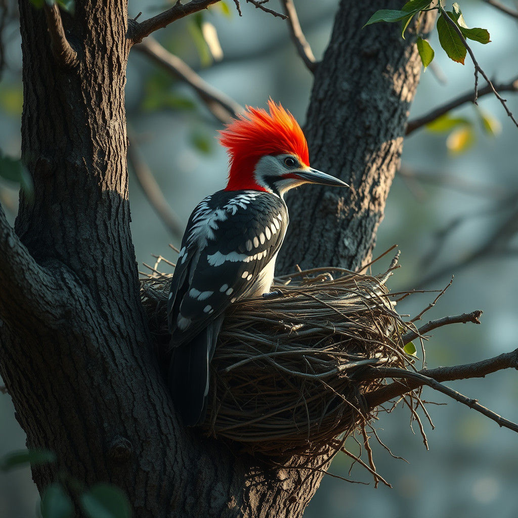 Red-Headed Woodpecker Building a Nest: Digital Matte Paintin...