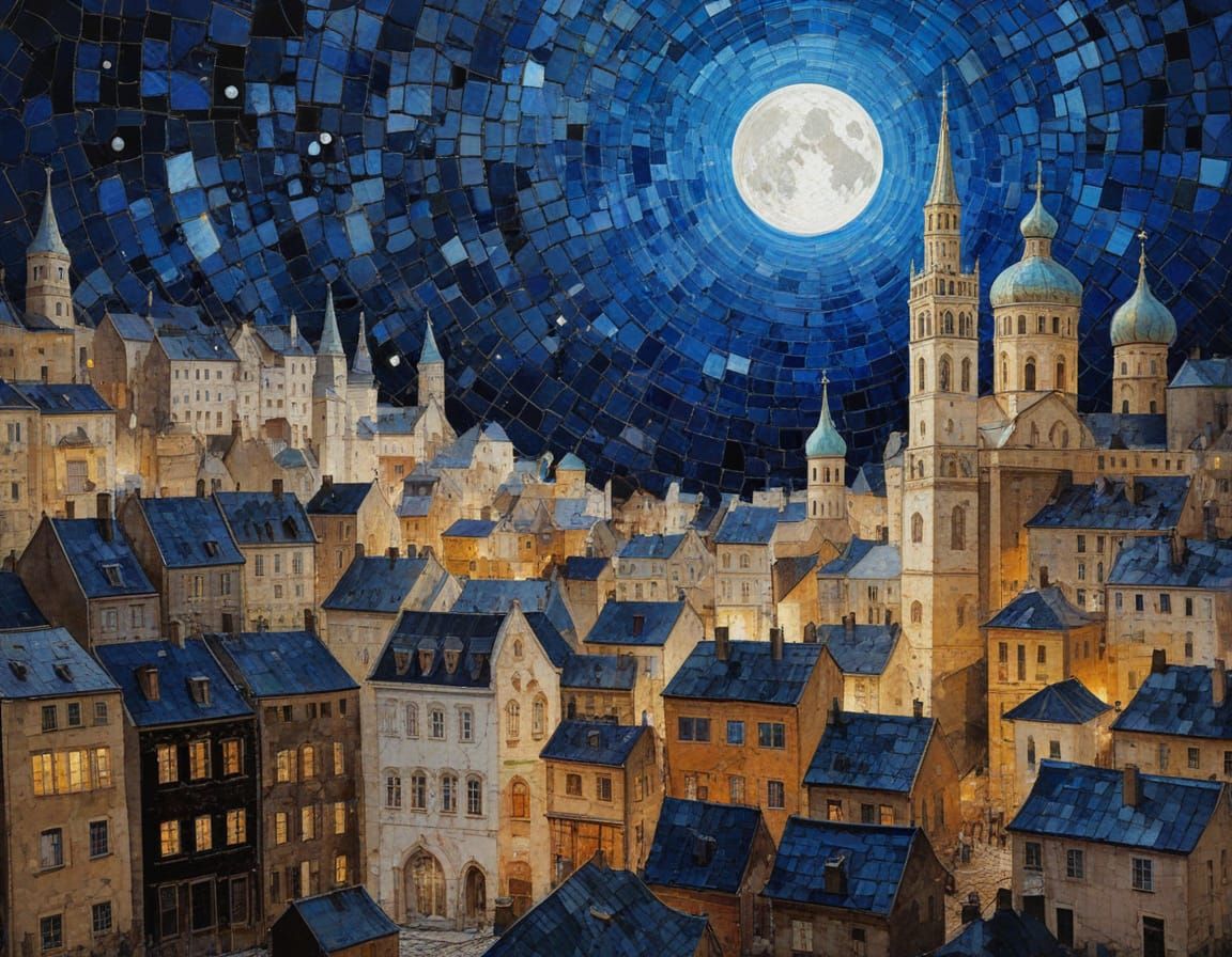 Kintsugi Mosaic Cityscape under Starry Night Sky