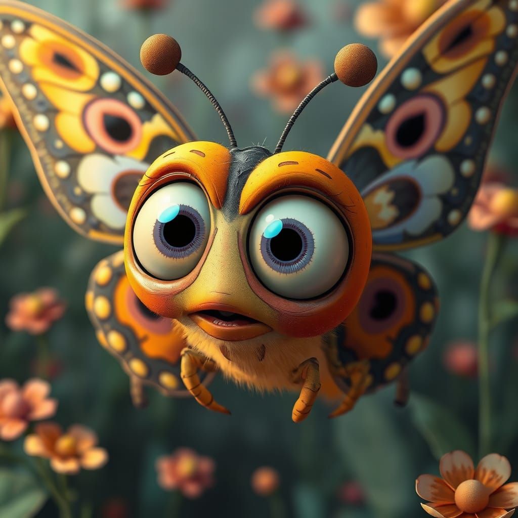 Confused Cartoon-Eyed Butterfly in Hyperrealistic Setting
