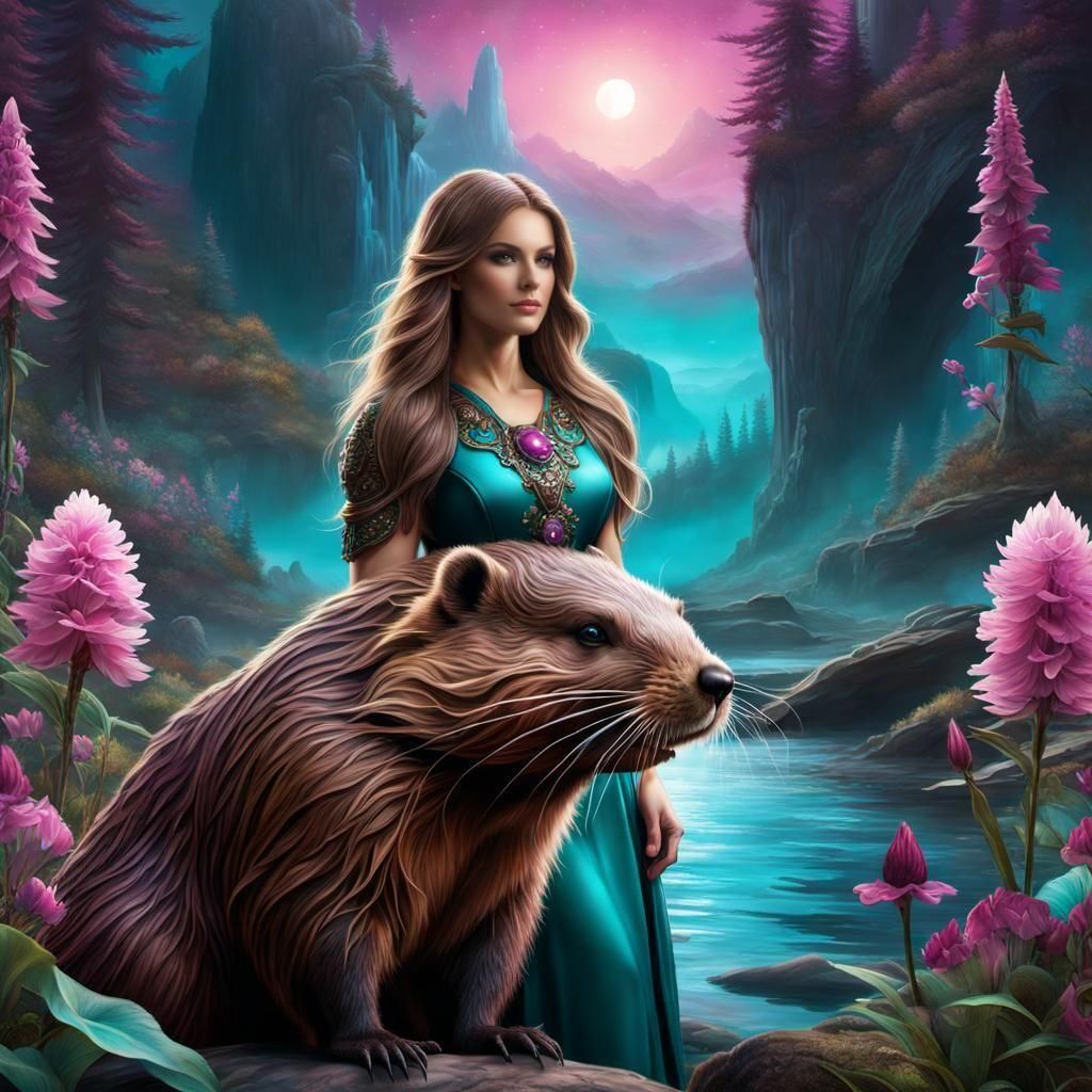 Fantasy Woman with Beaver: Detailed Matte Painting