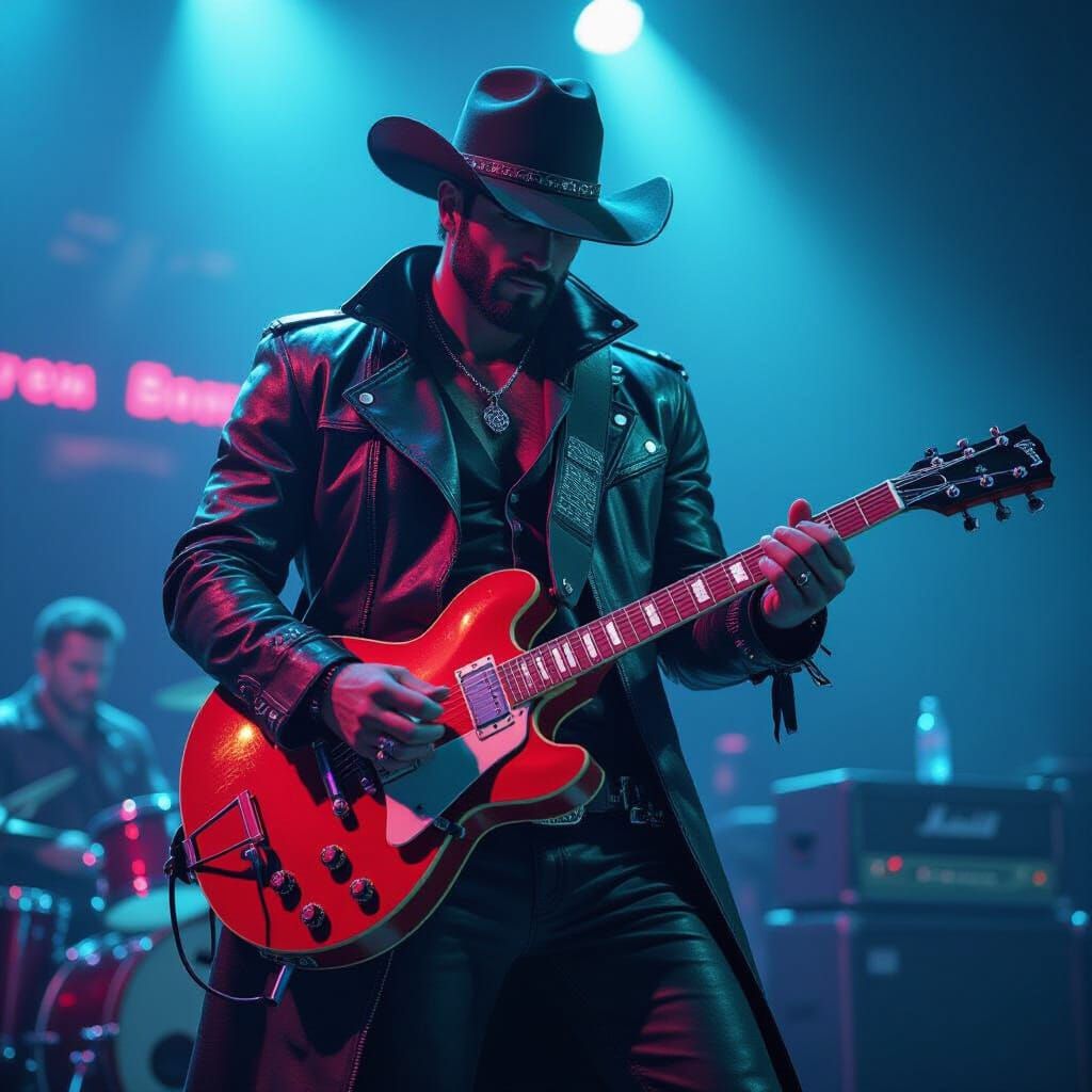 Cyberpunk Cowboy Shredding with Neon Reflections